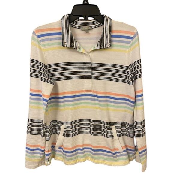 T byTalbots Pullover Women's S Gray Blue Stripe 1/4 Snap Pockets UPF 50 - Picture 1 of 4